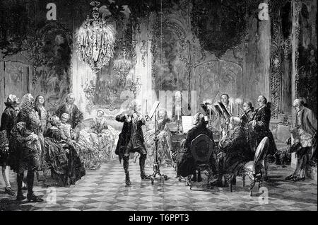 Concert en soirée par Friedrich le Grand, Frédéric II, roi de Prusse, à Potsdam, Potsdam, 1879, gravure sur bois historique, Allemagne Banque D'Images