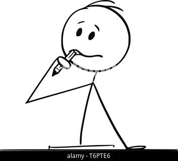 Cartoon stick figure dessin illustration conceptuelle de l'homme assis derrière un bureau et d'essayer d'écrire quelque chose et réfléchir avec un crayon dans la bouche. Illustration de Vecteur