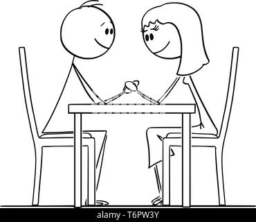 Cartoon stick figure dessin illustration conceptuelle du couple amoureux de l'homme et de la femme assise derrière le tableau au restaurant, se tenant la main et en regardant les yeux. Illustration de Vecteur