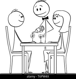 Cartoon stick figure dessin illustration conceptuelle du couple amoureux de l'homme et de la femme assise derrière le tableau en restaurant et regardant waiter pouring wine dans les verres. Illustration de Vecteur