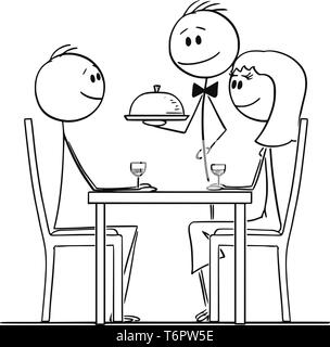 Cartoon stick figure dessin illustration conceptuelle du couple amoureux de l'homme et de la femme assise derrière le tableau en restaurant et regardant waiter serving food. Illustration de Vecteur