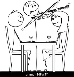 Cartoon stick figure dessin illustration conceptuelle du couple amoureux de l'homme et de la femme assise derrière le tableau dans restaurantwhile est violoniste jouant la musique romantique. Illustration de Vecteur