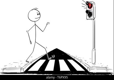 Cartoon stick figure dessin illustration conceptuelle de l'homme marche sur concordance ou passage piétons ignorant que le voyant rouge est allumé sur les feux. Illustration de Vecteur