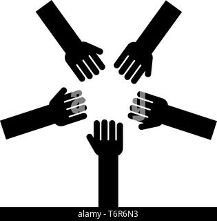 5 mains armes Groupe de mains paumes ouvertes reliant les gens mettent leurs mains ensemble mains pile icône unité concept vecteur de couleur noire Illustration de Vecteur