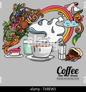 L'heure du café et de l'arôme - dessiner et peindre dans le style doodle Illustration de Vecteur