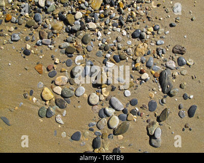 Le sable humide avec des cailloux de la mer en arrière-plan Banque D'Images