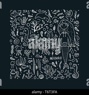 Situé dans la mer et Mermaid style doodle. Composition de symboles carrés sous l'eau. Vector illustration. Illustration de Vecteur