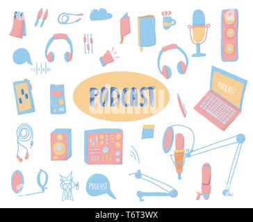 Podcasts vecteur éléments et lettrage. Série des symboles et des podcasts texte isolé sur fond blanc. Illustration de Vecteur