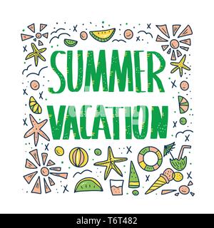 Les vacances d'été avec devis décoration. Modèle d'affiche, avec lettrage et locations de éléments de conception. Carte carrée avec du texte et de l'été tim Illustration de Vecteur