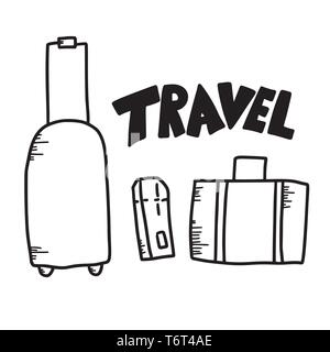 Ensemble de symboles voyage dans doodle style. Hand drawn vector éléments voyage isolé sur fond blanc. Assurance, étui, le billet et le lettrage. Un noir Illustration de Vecteur