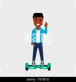 Young African American sur hoverboard smiling and waving. Gyro équitation scooter. Concept de trajet.L'équilibre entre deux roues scooter alimenté par batterie Illustration de Vecteur