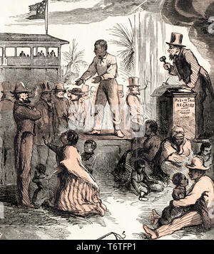 Un homme noir est vendu en esclavage, séparé de sa femme et de ses enfants lors d'une vente aux enchères d'esclaves, d'un détail de l'émancipation, la fin de la traite des esclaves imprimer par Thomas Nast (artiste) et King & Baird (graveur), 1865 Banque D'Images
