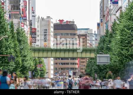 Motion blurred personnes marchant le long des magasins et les panneaux colorés à Akihabara Electric Town. Tokyo, Japon Banque D'Images