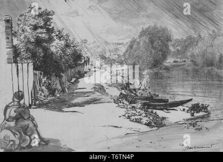 Gravure en noir et blanc, représentant un aperçu des enfants jouent près de plusieurs petits bateaux se sont arrêtés dans un bord de Seine, avec l'ébauche d'une femme assise sur une parcelle au bord d'un chemin piétonnier bordé d'une clôture dans le premier plan à gauche, en plus de bâtiments et arbres en arrière-plan, intitulé 'La Seine au bas Meudon' (la Seine à Bas Meudon), numérotés et signés, par l'illustrateur Félix Bracquemond, 1867. À partir de la Bibliothèque publique de New York. () Banque D'Images