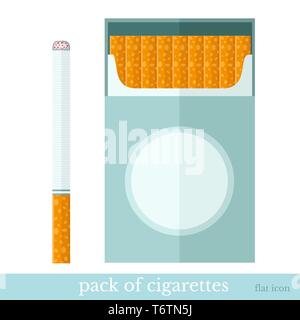 Modèle plat ouvrir paquet de cigarettes et une cigarette près de Illustration de Vecteur