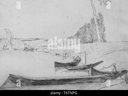 Noir et blanc, partiellement terminées, gravure représentant un aperçu de la Seine, avec plusieurs petites wherry barques amarrées à la rive à droite au premier plan, et les arbres et le paysage en arrière-plan, intitulé "Bachots au bord de la Seine' (Wherries sur les bords de Seine), numérotés, par l'illustrateur Félix Bracquemond, 1858. À partir de la Bibliothèque publique de New York. () Banque D'Images