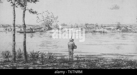 Gravure noir et blanc représentant un garçon, dos à l'afficheur, portant un chapeau, une veste et un pantalon à rayures, enroulé dans les jambes, du genou profondément dans l'eau d'une rivière ou un lac, tenant un panier dans une main et une canne à pêche dans l'autre, avec une paire de troncs d'arbres visibles dans le premier plan à gauche et les rives de la rive opposée à l'arrière-plan, intitulé 'Le petit pecheur a la ligne' (le petit pêcheur), numérotés, par l'illustrateur Félix Bracquemond, 1854. À partir de la Bibliothèque publique de New York. () Banque D'Images