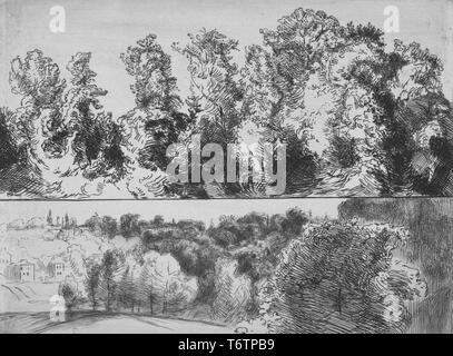 Gravure en noir et blanc, en deux registres, représentant (en haut) une vue sur une végétation luxuriante dans un paysage sauvage et (registre inférieur) une forêt luxuriante-scape à droite au premier plan avec un peu de bâtiments visibles dans la partie gauche de l'arrière-plan ; intitulé 'Deux etudes de paysage sur la meme planche' (deux études de paysage sur la même carte), signés et numérotés, par l'illustrateur Félix Bracquemond, 1873. À partir de la Bibliothèque publique de New York. () Banque D'Images