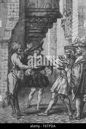 Gravure en noir et blanc illustrant quatre hommes, portant des vêtements de la fin du moyen âge ou renaissance, debout sur une rue pavée, avec un passage couvert visible à l'arrière-plan ; un homme de droite passe sa main sur sa bouche alors qu'il recule en choc ou d'étonnement, et ses compatriotes regarder avec scepticisme comme le 'fou' (à l'extrême gauche), distribue ses "sagesse" ; par l'illustrateur Félix Bracquemond, intitulé "Le fou qui vend la sagesse" (le fou qui vend la sagesse) ; probablement créé pour accompagner une publication contenant Jean de La Fontaine Fable de la même titre ; signé par l'illustrateur Félix Bracquemond, 1867 Banque D'Images