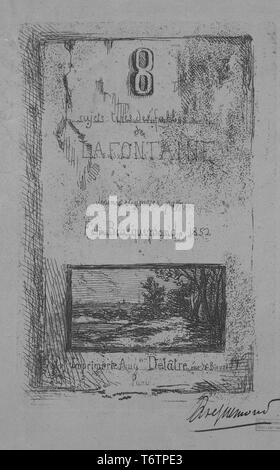 Gravure en noir et blanc pour une page de couverture pour un livre de Fables de La Fontaine, de l'auteur avec le titre "8 sujets pneumatiques des Fables de La Fontaine" (huit sujets de la Fables de La Fontaine) qui occupe les deux tiers supérieurs de la page, et une scène de paysage défini sur un cadre rectangulaire dans le registre inférieur, numérotés et signés par l'illustrateur ; Félix Bracquemond, 1852. À partir de la Bibliothèque publique de New York. () Banque D'Images