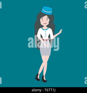 Belle fille brune sur l'agent de bord à bord en uniforme sur fond bleu en jupe et chemise au travail Illustration de Vecteur