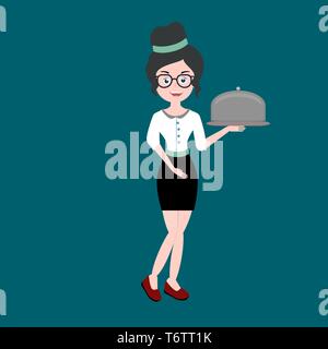 Belle fille brune à lunettes travaillant comme serveur avec jupe et chemise avec un bocklamm plat dans ses mains sur un fond bleu Illustration de Vecteur