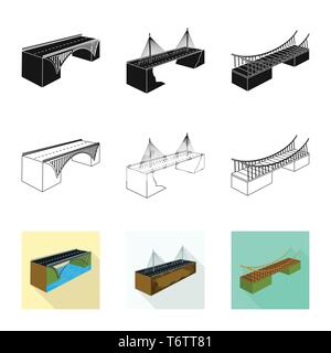 ,Pont,montage,modernes,mer,suspension,long,côte,banque,rivière,assemblés métal,port,cascade,colonne,autoroute,mains courantes,prop,bâtiment,tombantes,route,cable,cadre,design,construire,ponts,côté,architecture,vue,vue,passage,structure,set,icône,,illustration,collection,isolé,graphique,élément vecteur vecteurs,signer , Illustration de Vecteur