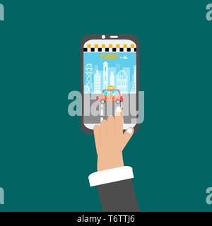 L'homme tient dans ses mains un téléphone avec une voiture et une ville chère et clique sur l'écran ne Illustration de Vecteur