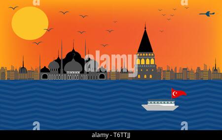 Belle vue de vecteur Turquie Istanbul en remblai sur la Mosquée bleue et la tour de Galata en ville avec les bâtiments et l'architecture avec le détroit du Bosphore avec Illustration de Vecteur