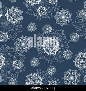 L'est transparente avec motif vecteur ornement flocon mandala en hiver en décembre pour les vacances de Noël et du nouvel an, blanc sur un fond bleu f Illustration de Vecteur