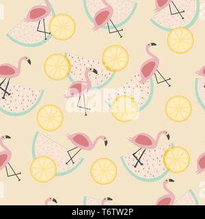 Transparente avec motif vecteur tropical animal flamant rose tranche de citron et de pastèque fruits du dragon sur un fond jaune clair à l'impression et du texte Illustration de Vecteur