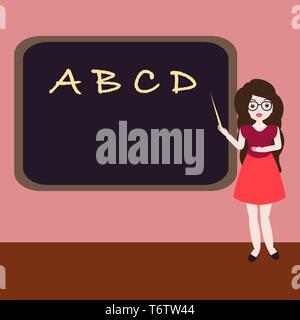 Jeune fille brune avec des lunettes et des enseignants robe rouge est debout près du tableau noir dans la classe à l'école et enseigne l'alphabet in classroom Illustration de Vecteur