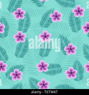 Vecteur tropical superbe motif transparent avec les feuilles des branches de palmiers et de fleurs rose pourpre sur un fond vert turquoise pour les textiles et Illustration de Vecteur
