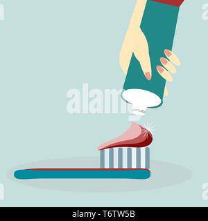 Vector illustration of a human hand holding d'un tube de dentifrice et brosse à dents multicolores sur fond bleu pour la publicité et l'art dentaire dentis Illustration de Vecteur