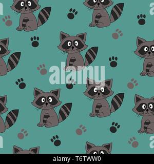 Vector pattern transparente avec un mignon animal moelleux raton laveur et pattes sur un fond vert pour l'impression et les textiles Illustration de Vecteur