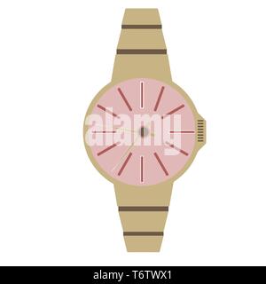 Montre-bracelet à la mode élégante vecteur rose femelle sur la couleur avec de l'or avec des flèches sur un fond blanc Illustration de Vecteur