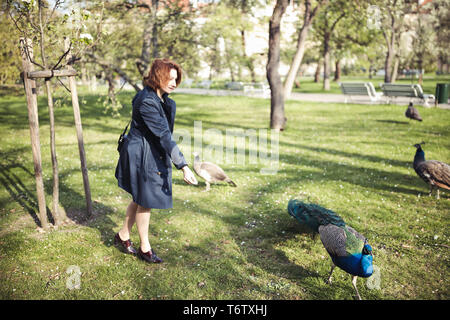 Femme marche parmi les paons dans Vojanovy Sady park à Prague. Le printemps. Banque D'Images