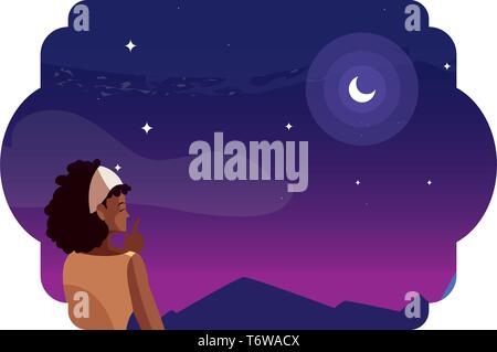 Femme afro qui envisagent d'horizon dans les montagnes en scène de nuit vector illustration Illustration de Vecteur