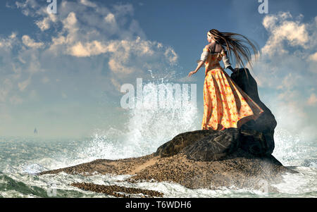 Une femme avec de longs cheveux noirs dans une robe à fleurs s'accroche à un rocher sur une petite île en mer. Les buffets du vent de sa robe et les cheveux comme les vagues déferlent tout autour de Banque D'Images