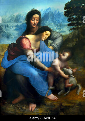 Sainte Anne, la Vierge et l'enfant jouant avec un agneau, connu sous le nom de la Sainte Anne. 1503 - 1519 par Léonard de Vinci (1452-1519) Italie italien. Banque D'Images