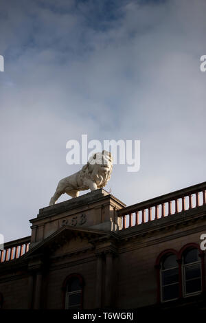 Huddersfield, West Yorkshire, Royaume-Uni, octobre 2013, statue de lion Lion sur Arcade, John William Street, Huddersfield Banque D'Images