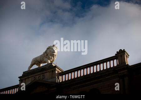 Huddersfield, West Yorkshire, Royaume-Uni, octobre 2013, statue de lion Lion sur Arcade, John William Street, Huddersfield Banque D'Images