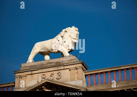 Huddersfield, West Yorkshire, Royaume-Uni, octobre 2013, statue de lion Lion sur Arcade, John William Street, Huddersfield Banque D'Images