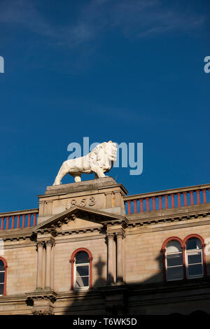 Huddersfield, West Yorkshire, Royaume-Uni, octobre 2013, statue de lion Lion sur Arcade, John William Street, Huddersfield Banque D'Images