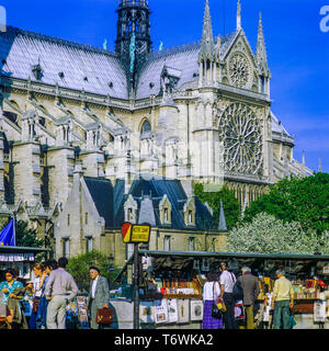 Bouquinistes libraires de seconde main, la cathédrale Notre-Dame de Paris, avant l'incendie du 15 avril 2019, façade sud, Paris, France, Europe, Banque D'Images