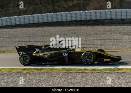 Barcelone, Espagne. 5 mars 2019 - Guanyu Zhou de la Chine avec 7 courses virtuoses uni sur la voie au cours de la première journée de la Fia F2 Test de pré-saison au circuit de Banque D'Images