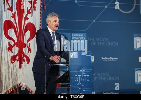 Le Palazzo Vecchio, le deuxième jour de l'état de l'Union européenne en 2019 la photo Leonardo, Bassilichi La Confindustria (Claudio Fusi/Fotogramma, Florence - 2019-05-03) p.s. la foto e' utilizzabile nel rispetto del contesto dans cui e' stata scattata, e senza intento del diffamatorio decoro delle persone rappresentate Banque D'Images