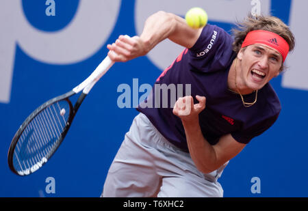 Munich, Allemagne. 06Th Mai, 2019. Tennis : ATP-Tour - Munich, des célibataires, des hommes, des quarts de finale : Zverev (Allemagne) - Garin (Suisse). Alexander Zverev les grèves. Crédit : Sven Hoppe/dpa/Alamy Live News Banque D'Images