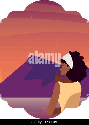 Femme afro contemplant horizon en montagne et lac lieux vector illustration Illustration de Vecteur