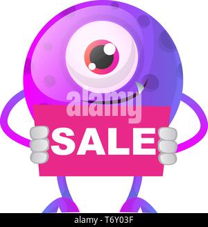 Monstre violet rose holding sale sign vector illustration sur fond blanc Illustration de Vecteur